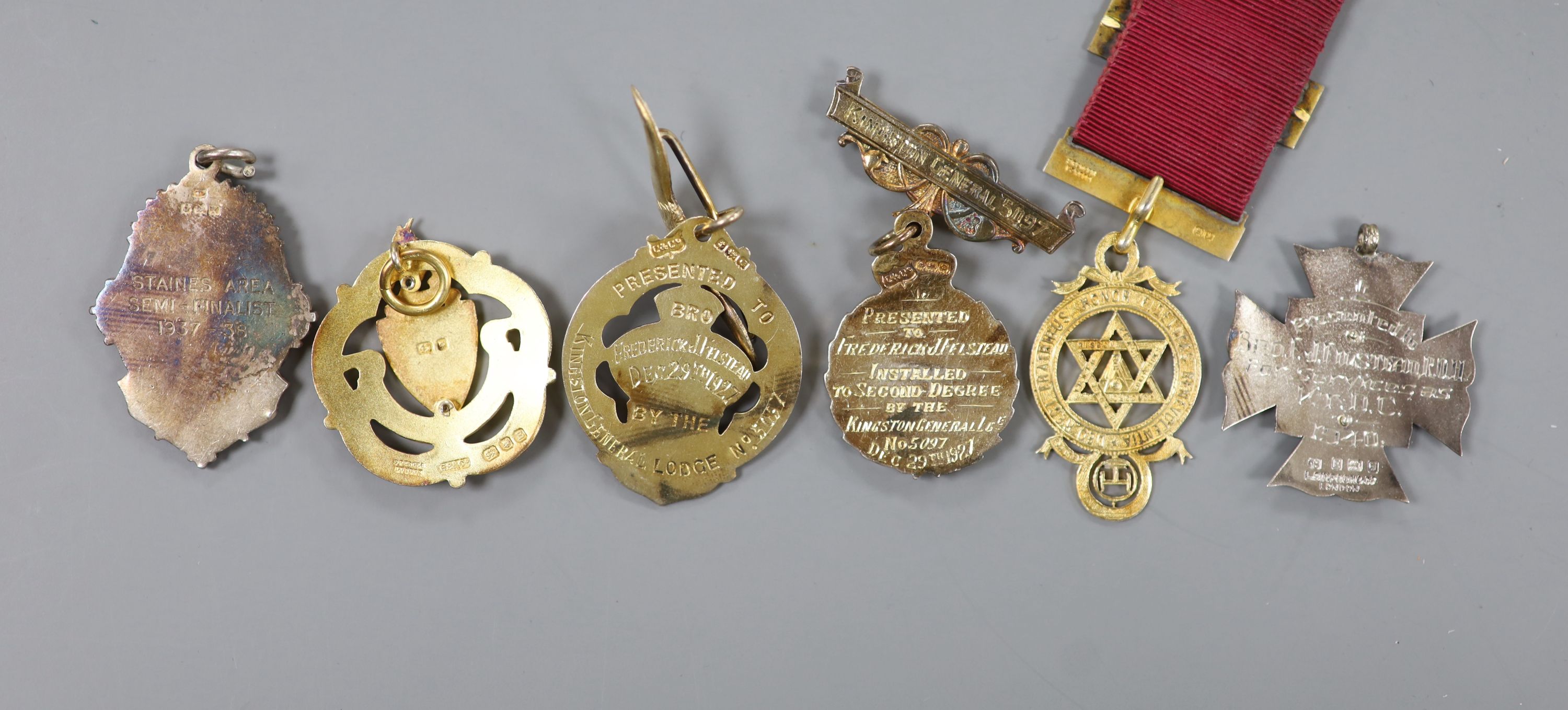 Six assorted silver or silver gilt masonic jewels, some with enamel.
